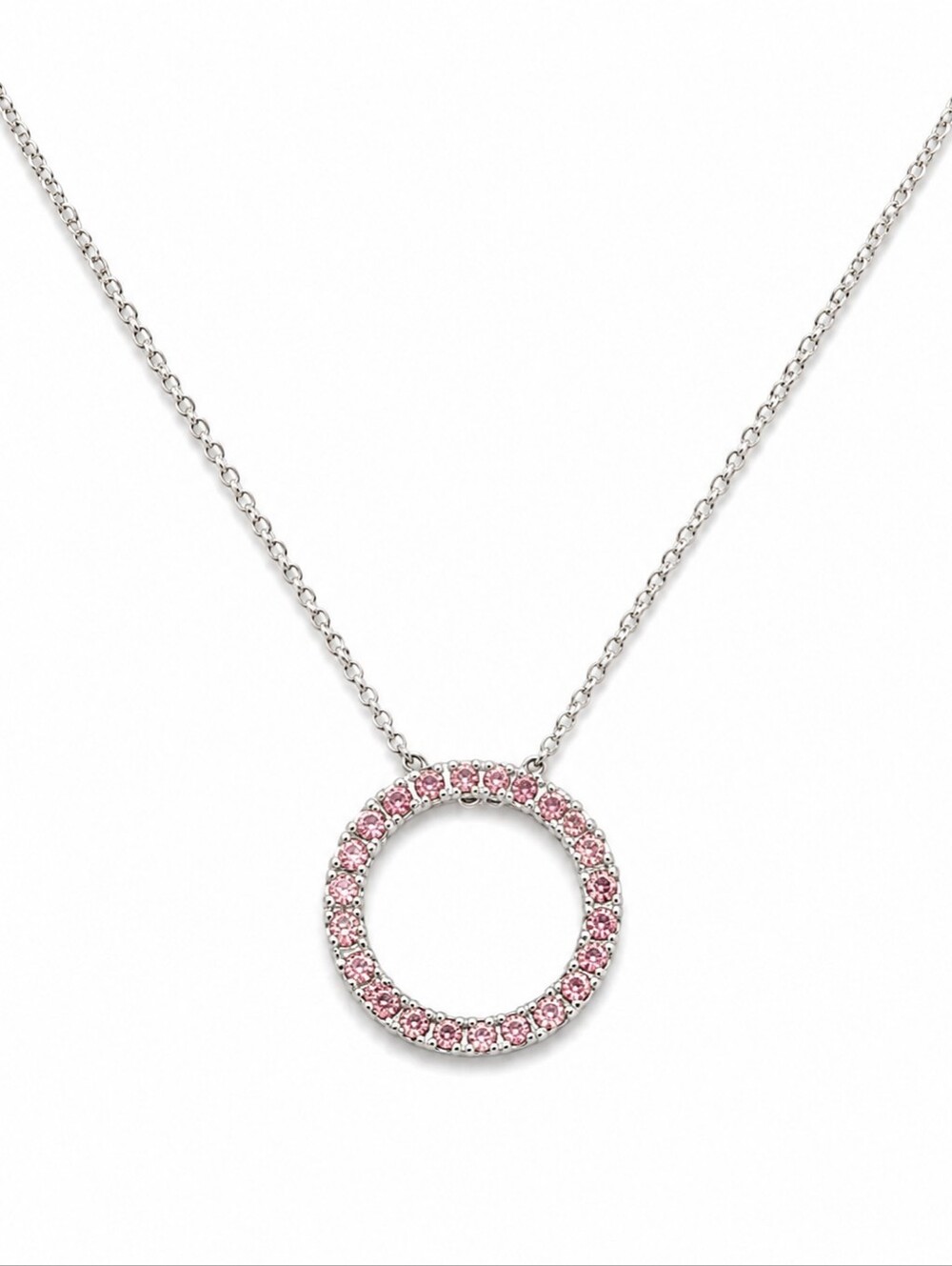 Dainty Pink Crystal Circle Pendant Necklace Silver Tone Minimalist Open Halo